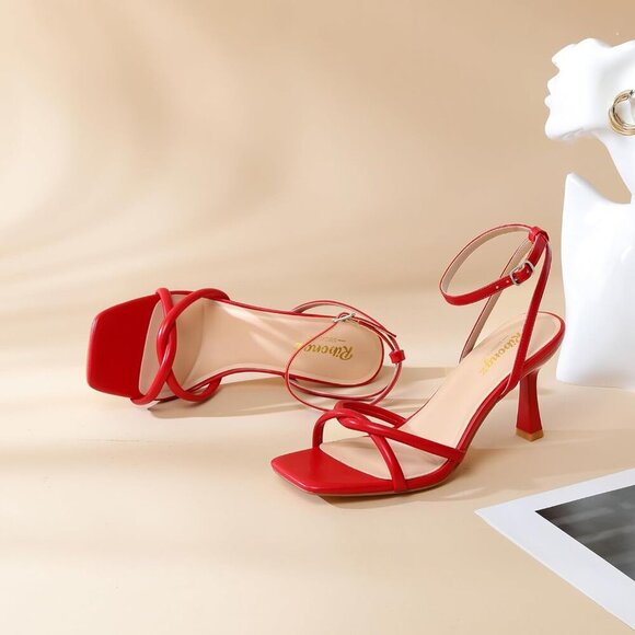 Women's Red Square Open Toe Kitten Strappy Ankle Strap Heeled Sandals Shoes - Picture 8 of 9
